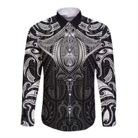 New Zealand Aotearoa Long Sleeve Button Shirt Maori Manta Ray Moko Black - Polynesian Pride