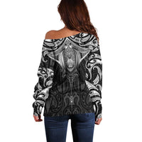 New Zealand Aotearoa Off Shoulder Sweater Maori Manta Ray Moko Black - Polynesian Pride