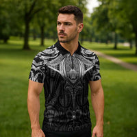 New Zealand Aotearoa Zipper Polo Shirt Maori Manta Ray Moko Black - Polynesian Pride