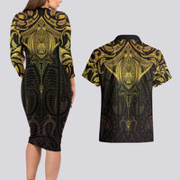 New Zealand Aotearoa Couples Matching Long Sleeve Bodycon Dress and Hawaiian Shirt Maori Manta Ray Moko Gold - Polynesian Pride