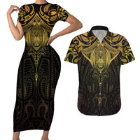 New Zealand Aotearoa Couples Matching Short Sleeve Bodycon Dress and Hawaiian Shirt Maori Manta Ray Moko Gold - Polynesian Pride
