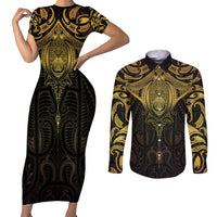 New Zealand Aotearoa Couples Matching Short Sleeve Bodycon Dress and Long Sleeve Button Shirt Maori Manta Ray Moko Gold - Polynesian Pride