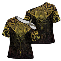 New Zealand Aotearoa Cross Shoulder Shirt Maori Manta Ray Moko Gold - Polynesian Pride