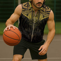 New Zealand Aotearoa Sleeveless Zip Hoodie Maori Manta Ray Moko Gold - Polynesian Pride