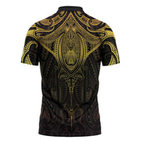 New Zealand Aotearoa Zipper Polo Shirt Maori Manta Ray Moko Gold - Polynesian Pride