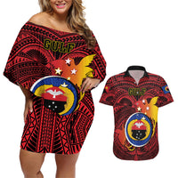 Papua New Guinea Gulf Province Couples Matching Off Shoulder Short Dress and Hawaiian Shirt Mix Coat Of Arms Polynesian Pattern LT05 Red - Polynesian Pride