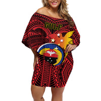 Papua New Guinea Gulf Province Family Matching Off Shoulder Short Dress and Hawaiian Shirt Mix Coat Of Arms Polynesian Pattern LT05 Mom's Dress Red - Polynesian Pride