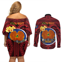 Personalized Papua New Guinea Gulf Province Couples Matching Off Shoulder Short Dress and Long Sleeve Button Shirts Mix Coat Of Arms Polynesian Pattern LT05 - Polynesian Pride