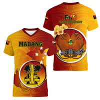 Papua New Guinea Madang Province Women V Neck T Shirt Mix Coat Of Arms Polynesian Pattern LT05 - Polynesian Pride