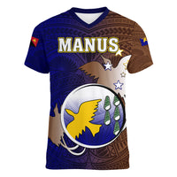 Personalized Papua New Guinea Manus Province Women V Neck T Shirt Mix Coat Of Arms Polynesian Pattern LT05 Female Brown - Polynesian Pride