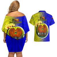 Papua New Guinea Morobe Province Couples Matching Off Shoulder Short Dress and Hawaiian Shirt Mix Coat Of Arms Polynesian Pattern LT05 - Polynesian Pride