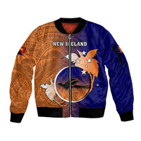 Personalized Papua New Guinea New Ireland Province Sleeve Zip Bomber Jacket Mix Coat Of Arms Polynesian Pattern LT05 Unisex Blue - Polynesian Pride