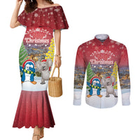 Personalised Christmas In July Couples Matching Mermaid Dress and Long Sleeve Button Shirt Funny Dabbing Dance Koala And Blue Penguins LT05 Red - Polynesian Pride