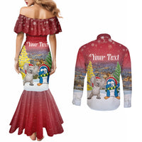 Personalised Christmas In July Couples Matching Mermaid Dress and Long Sleeve Button Shirt Funny Dabbing Dance Koala And Blue Penguins LT05 - Polynesian Pride