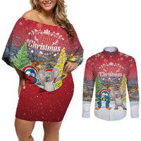 Personalised Christmas In July Couples Matching Off Shoulder Short Dress and Long Sleeve Button Shirt Funny Dabbing Dance Koala And Blue Penguins LT05 Red - Polynesian Pride