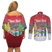 Personalised Christmas In July Couples Matching Off Shoulder Short Dress and Long Sleeve Button Shirt Funny Dabbing Dance Koala And Blue Penguins LT05 - Polynesian Pride