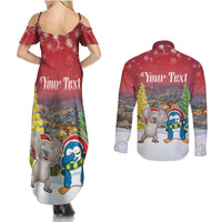 Personalised Christmas In July Couples Matching Summer Maxi Dress and Long Sleeve Button Shirt Funny Dabbing Dance Koala And Blue Penguins LT05 - Polynesian Pride