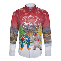 Personalised Christmas In July Long Sleeve Button Shirt Funny Dabbing Dance Koala And Blue Penguins LT05 Unisex Red - Polynesian Pride