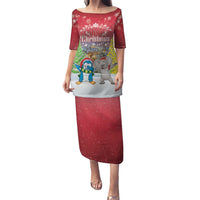 Personalised Christmas In July Puletasi Funny Dabbing Dance Koala And Blue Penguins LT05 Long Dress Red - Polynesian Pride