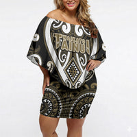 Custom Aotearoa Waikato Tainui Off Shoulder Short Dress Maori Tribal Pattern LT05 Women Dark Yellow - Polynesian Pride