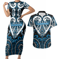 Custom Aotearoa Ngati Kahungunu Couples Matching Short Sleeve Bodycon Dress and Hawaiian Shirt Maori Tribal Pattern LT05 Blue - Polynesian Pride