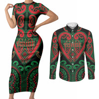 Custom Aotearoa Ngai Tuhoe Couples Matching Short Sleeve Bodycon Dress and Long Sleeve Button Shirt Maori Tribal Pattern