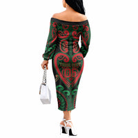 Custom Aotearoa Ngai Tuhoe Off The Shoulder Long Sleeve Dress Maori Tribal Pattern LT05 - Polynesian Pride
