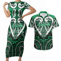 Custom Aotearoa Ngati Maniapoto Couples Matching Short Sleeve Bodycon Dress and Hawaiian Shirt Maori Tribal Pattern LT05 Green - Polynesian Pride