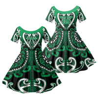 Custom Aotearoa Ngati Maniapoto Family Matching Off Shoulder Short Dress and Hawaiian Shirt Maori Tribal Pattern LT05 Daughter's Dress Green - Polynesian Pride