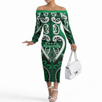 Custom Aotearoa Ngati Maniapoto Off The Shoulder Long Sleeve Dress Maori Tribal Pattern LT05 Women Green - Polynesian Pride