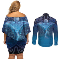 Polynesia Manta Ray Couples Matching Off Shoulder Short Dress and Long Sleeve Button Shirt Let's The Sea Set You Free - Polynesian Pride