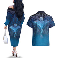 Polynesia Manta Ray Couples Matching Off The Shoulder Long Sleeve Dress and Hawaiian Shirt Let's The Sea Set You Free - Polynesian Pride