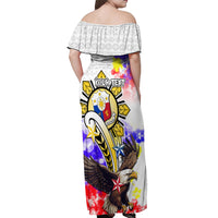 Personalized Filipino American History Month Off Shoulder Maxi Dress The Eight-Rayed Sun Flags With Bald Eagle LT05 - Polynesian Pride