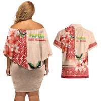 Papua New Guinea Oro Province Couples Matching Off Shoulder Short Dress and Hawaiian Shirt Oro Birdwing Butterfly