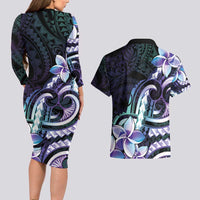 Polynesian Art Tattoo Couples Matching Long Sleeve Bodycon Dress and Hawaiian Shirt Plumeria Flowers Turquoise Gradient
