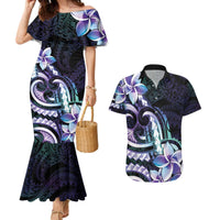 Polynesian Art Tattoo Couples Matching Mermaid Dress and Hawaiian Shirt Plumeria Flowers Turquoise Gradient