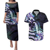 Polynesian Art Tattoo Couples Matching Puletasi and Hawaiian Shirt Plumeria Flowers Turquoise Gradient