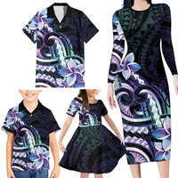 Polynesian Art Tattoo Family Matching Long Sleeve Bodycon Dress and Hawaiian Shirt Plumeria Flowers Turquoise Gradient