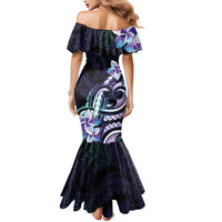 Polynesian Art Tattoo Family Matching Mermaid Dress and Hawaiian Shirt Plumeria Flowers Turquoise Gradient