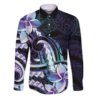 Polynesian Art Tattoo Family Matching Off The Shoulder Long Sleeve Dress and Hawaiian Shirt Plumeria Flowers Turquoise Gradient