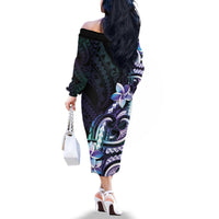 Polynesian Art Tattoo Family Matching Off The Shoulder Long Sleeve Dress and Hawaiian Shirt Plumeria Flowers Turquoise Gradient