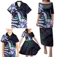 Polynesian Art Tattoo Family Matching Puletasi and Hawaiian Shirt Plumeria Flowers Turquoise Gradient