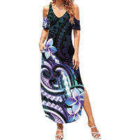 Polynesian Art Tattoo Family Matching Summer Maxi Dress and Hawaiian Shirt Plumeria Flowers Turquoise Gradient