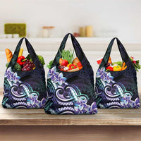 Polynesian Art Tattoo Grocery Bag Plumeria Flowers Turquoise Gradient