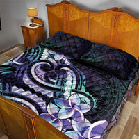 Polynesian Art Tattoo Quilt Bed Set Plumeria Flowers Turquoise Gradient