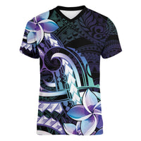Polynesian Art Tattoo Women V-Neck T-Shirt Plumeria Flowers Turquoise Gradient LT05 Female Turquoise - Polynesian Pride