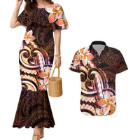 Polynesian Art Tattoo Couples Matching Mermaid Dress and Hawaiian Shirt Plumeria Flowers Peach Gradient