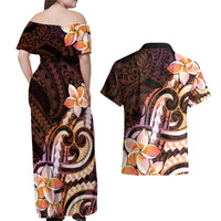 Polynesian Art Tattoo Couples Matching Off Shoulder Maxi Dress and Hawaiian Shirt Plumeria Flowers Peach Gradient