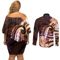Polynesian Art Tattoo Couples Matching Off Shoulder Short Dress and Long Sleeve Button Shirt Plumeria Flowers Peach Gradient