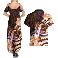 Polynesian Art Tattoo Couples Matching Summer Maxi Dress and Hawaiian Shirt Plumeria Flowers Peach Gradient